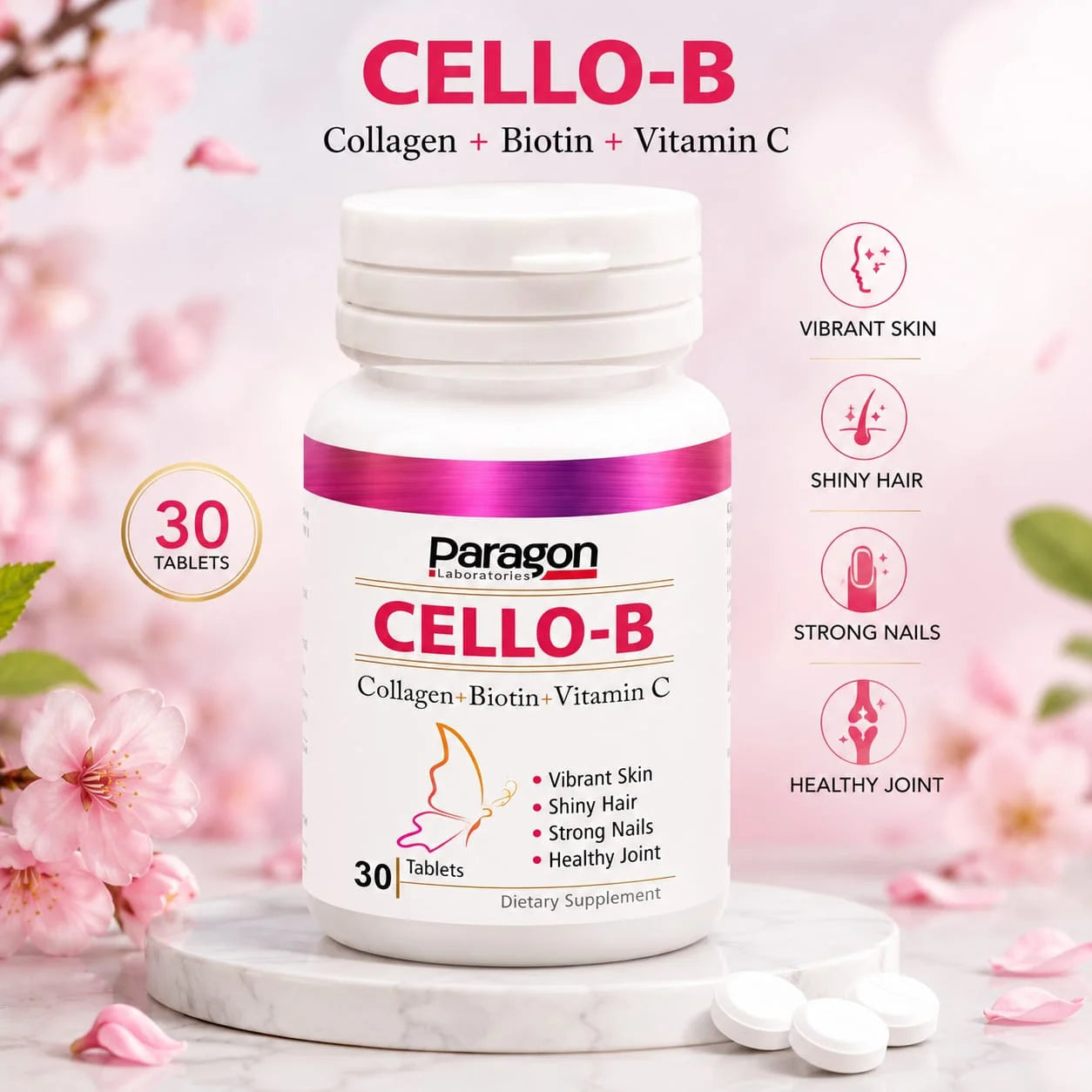Cello-B – Collagen, Biotin & Vitamin C Supplement (30 Tablets)
