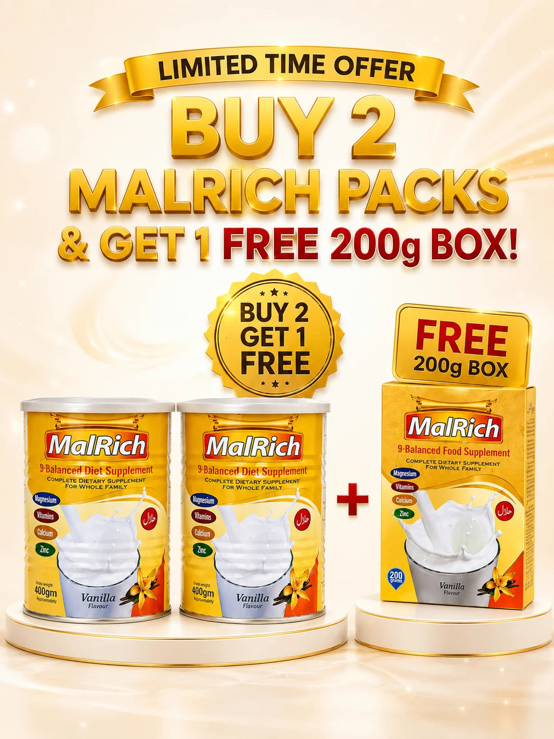 Buy 2 MalRich 400g Tins &amp; Get 1 FREE 200g Box