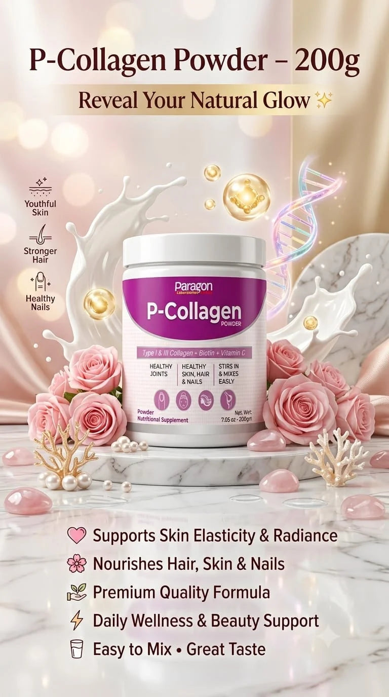 P-Collagen Powder – Collagen Peptides for Skin, Hair, Nails, Joints & Bone Health (200g)