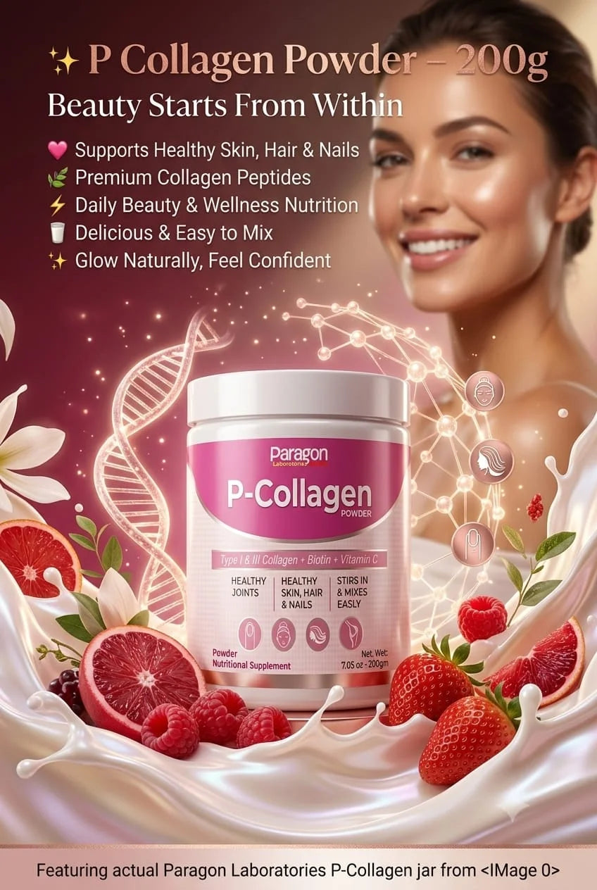 P-Collagen Powder – Collagen Peptides for Skin, Hair, Nails, Joints & Bone Health (200g)